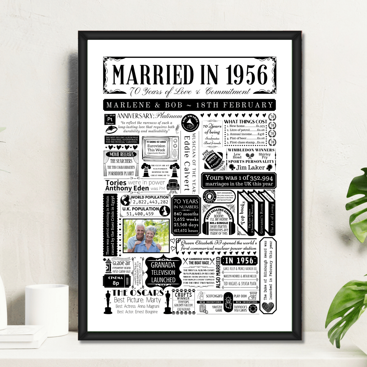 Personalised 70th Platinum Anniversary Print | Married in 1956 Gift with Photo - The Word Shack