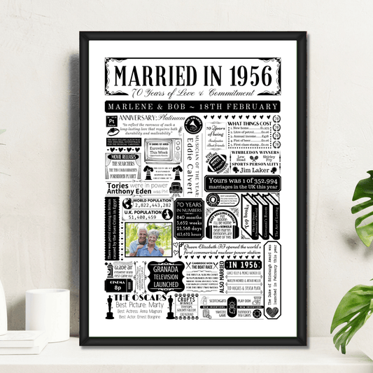 Personalised 70th Platinum Anniversary Print | Married in 1956 Gift with Photo - The Word Shack