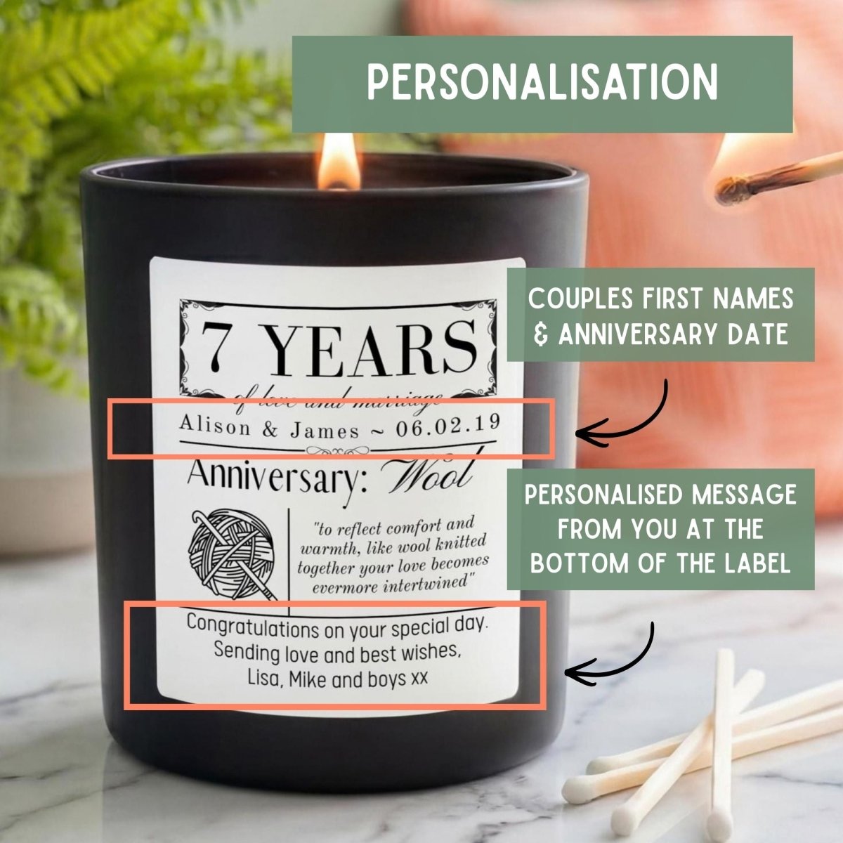 Personalised 7th Wedding Anniversary Candle | Wool Anniversary Gift - The Word Shack