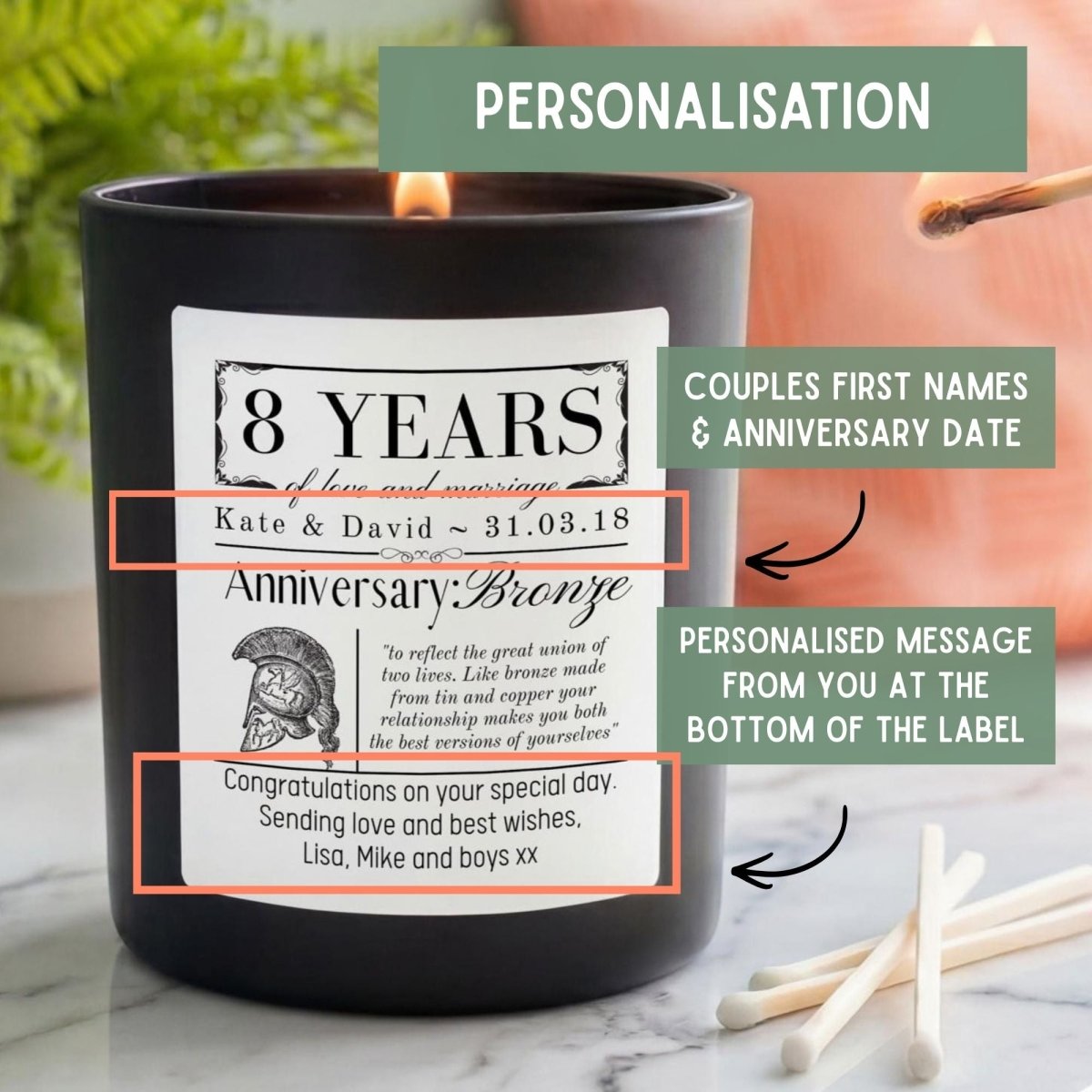 Personalised 8th Wedding Anniversary Candle | Bronze Anniversary Gift for Couple - The Word Shack