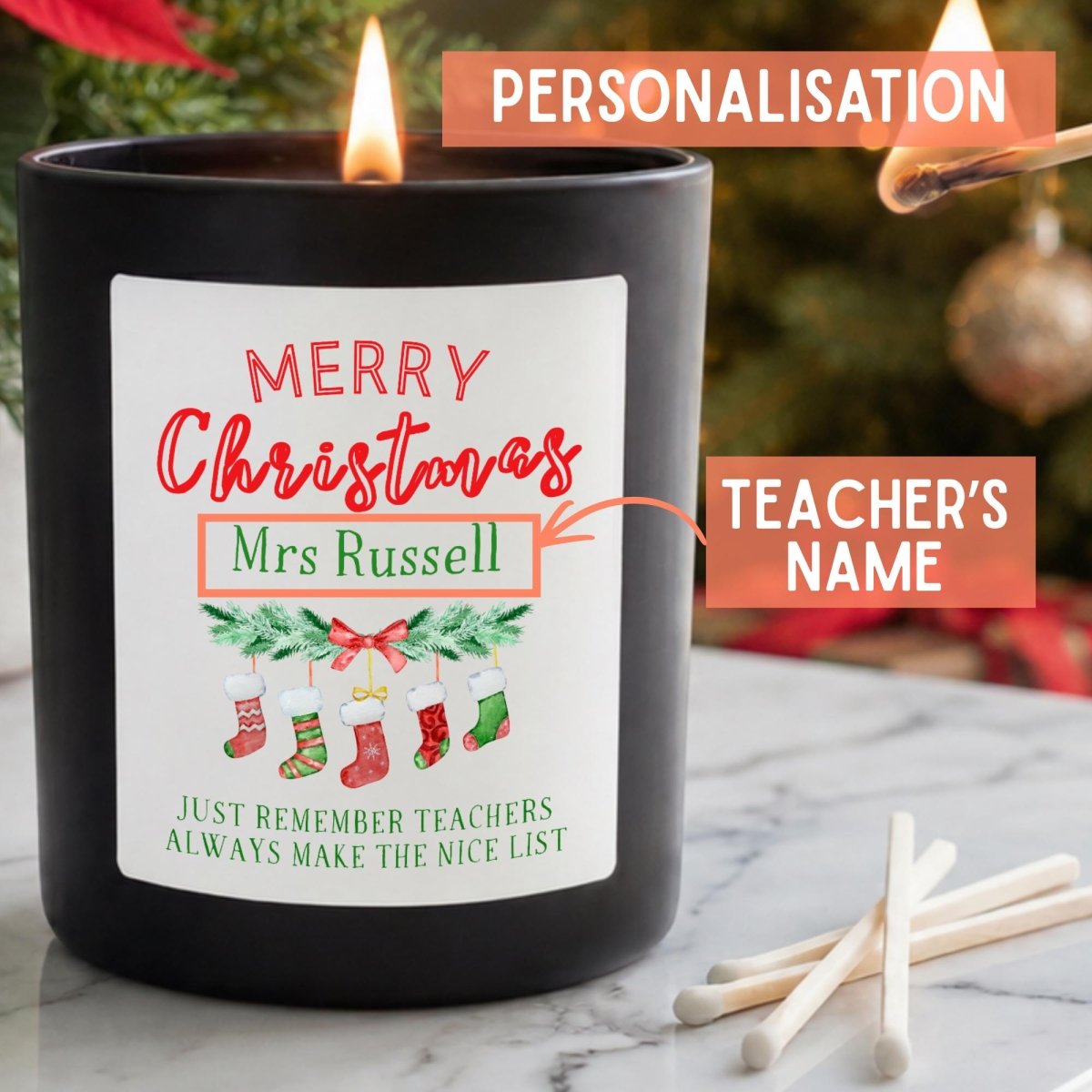 Personalised Christmas Teacher Candle, On The Nice List Teacher Gift - The Word Shack
