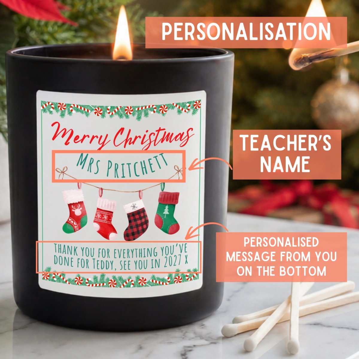 Personalised Christmas Teacher Candle, Stockings Thank You Gift - The Word Shack