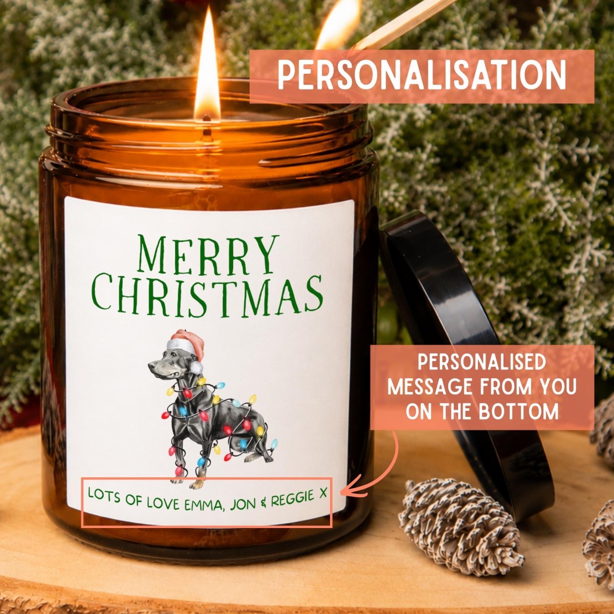 Personalised Doberman Christmas Apothecary Candle, Dog Lover Gift - The Word Shack