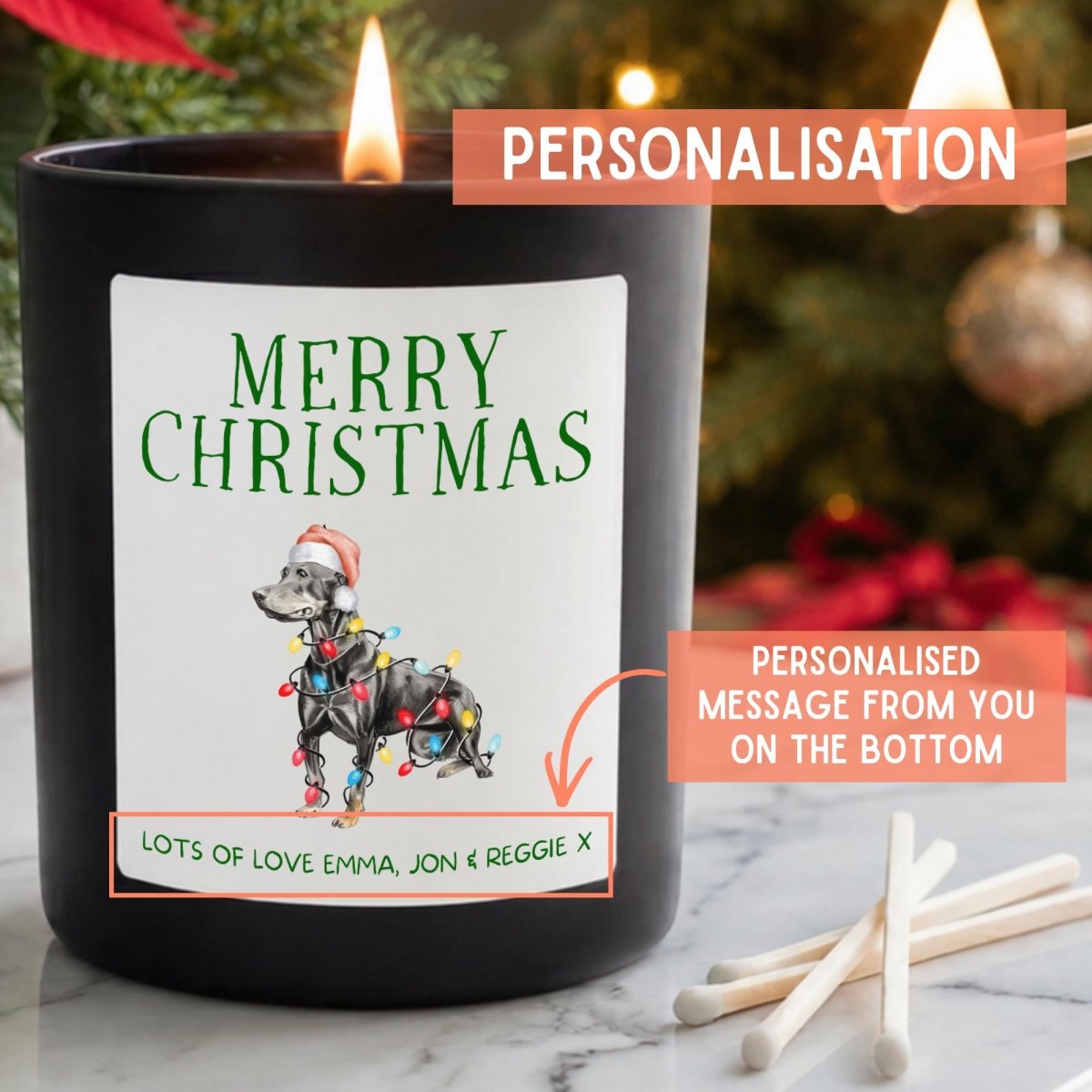 Personalised Doberman Christmas Candle, Dog Lover Gift - The Word Shack