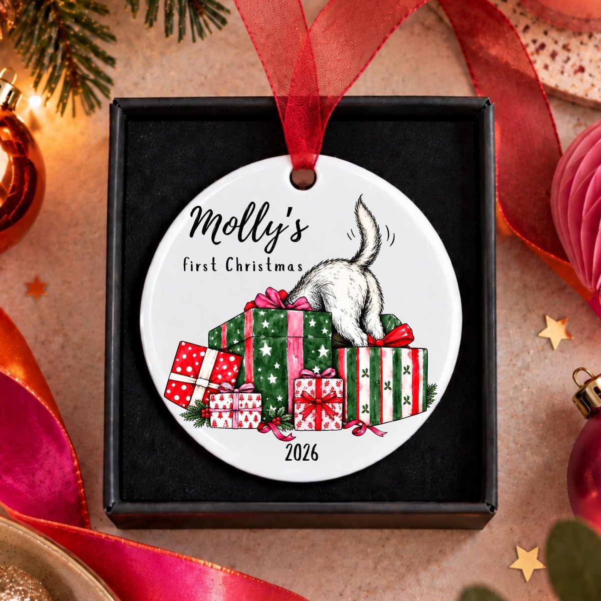 Personalised Dog's First Christmas Bauble, Christmas Presents Design - The Word Shack