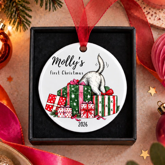 Personalised Dog's First Christmas Bauble, Christmas Presents Design - The Word Shack