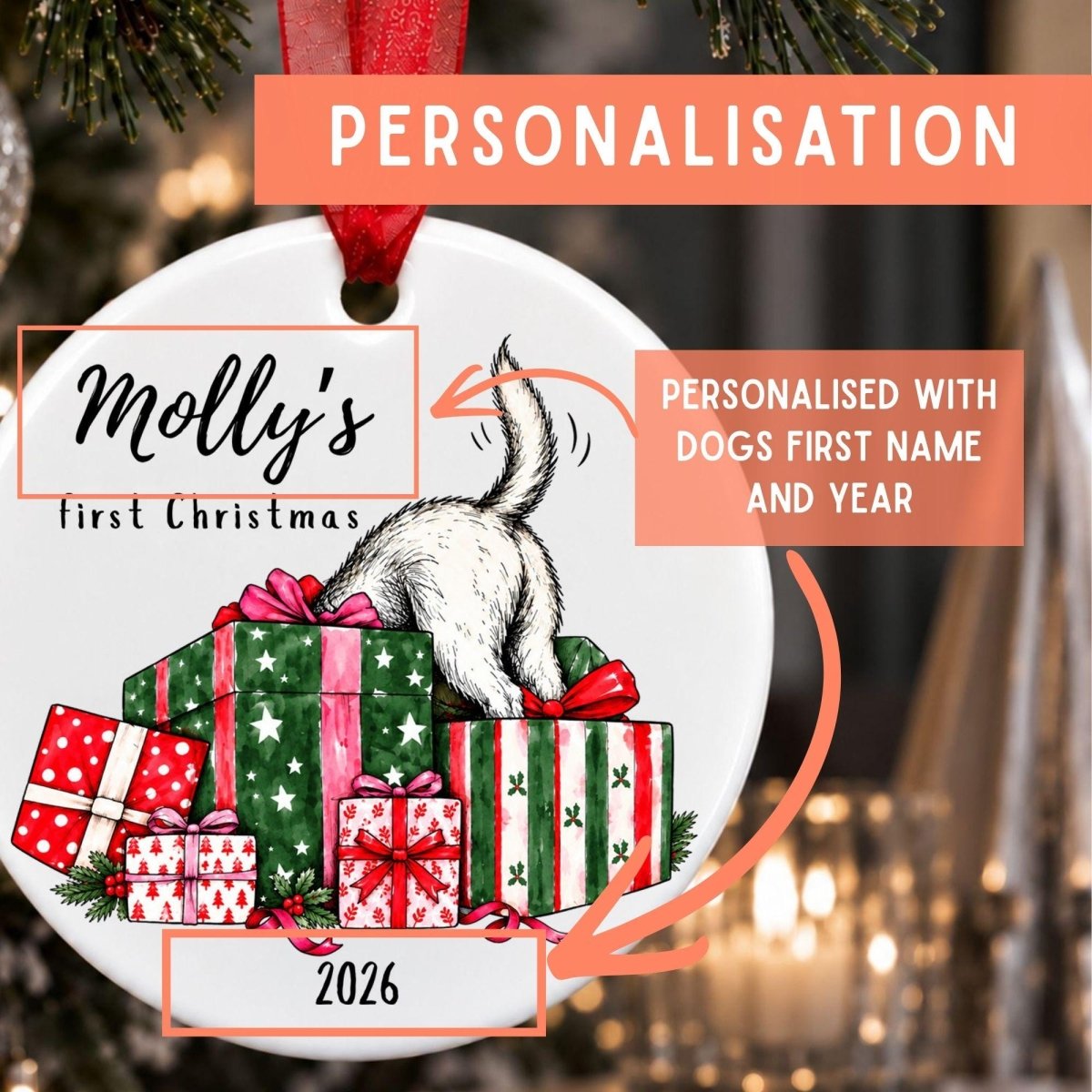 Personalised Dog's First Christmas Bauble, Christmas Presents Design - The Word Shack
