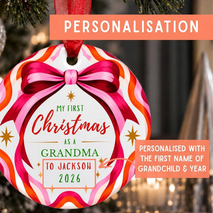 Personalised First Christmas as a Grandma Bauble, Pink Bow Design - The Word Shack