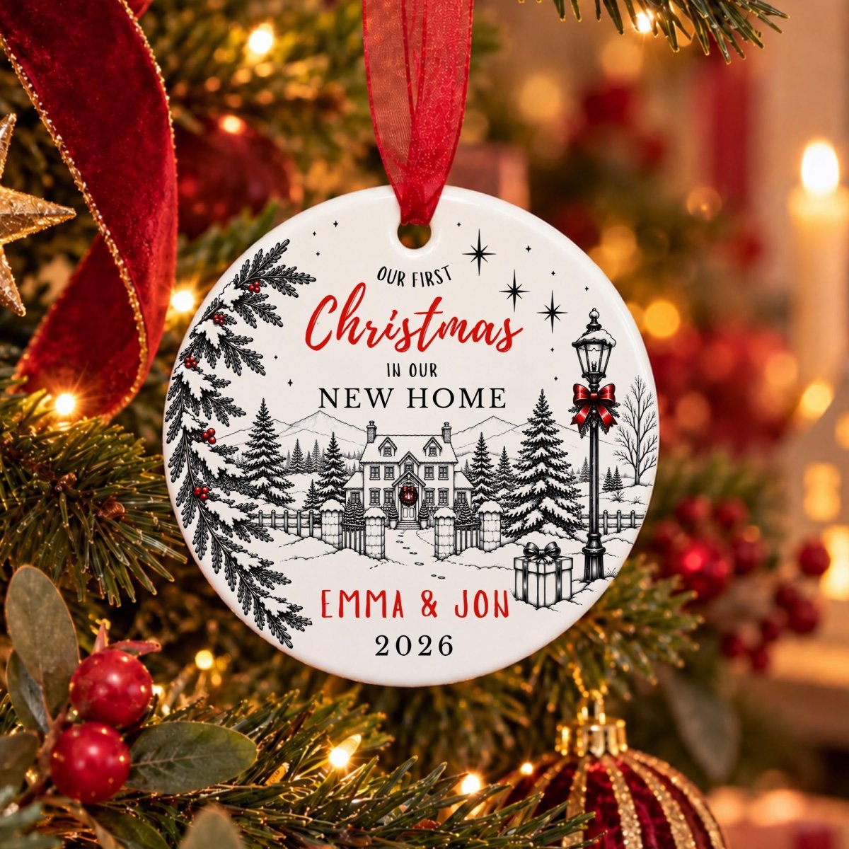 Personalised First Christmas in New Home Bauble, Snowy House - The Word Shack