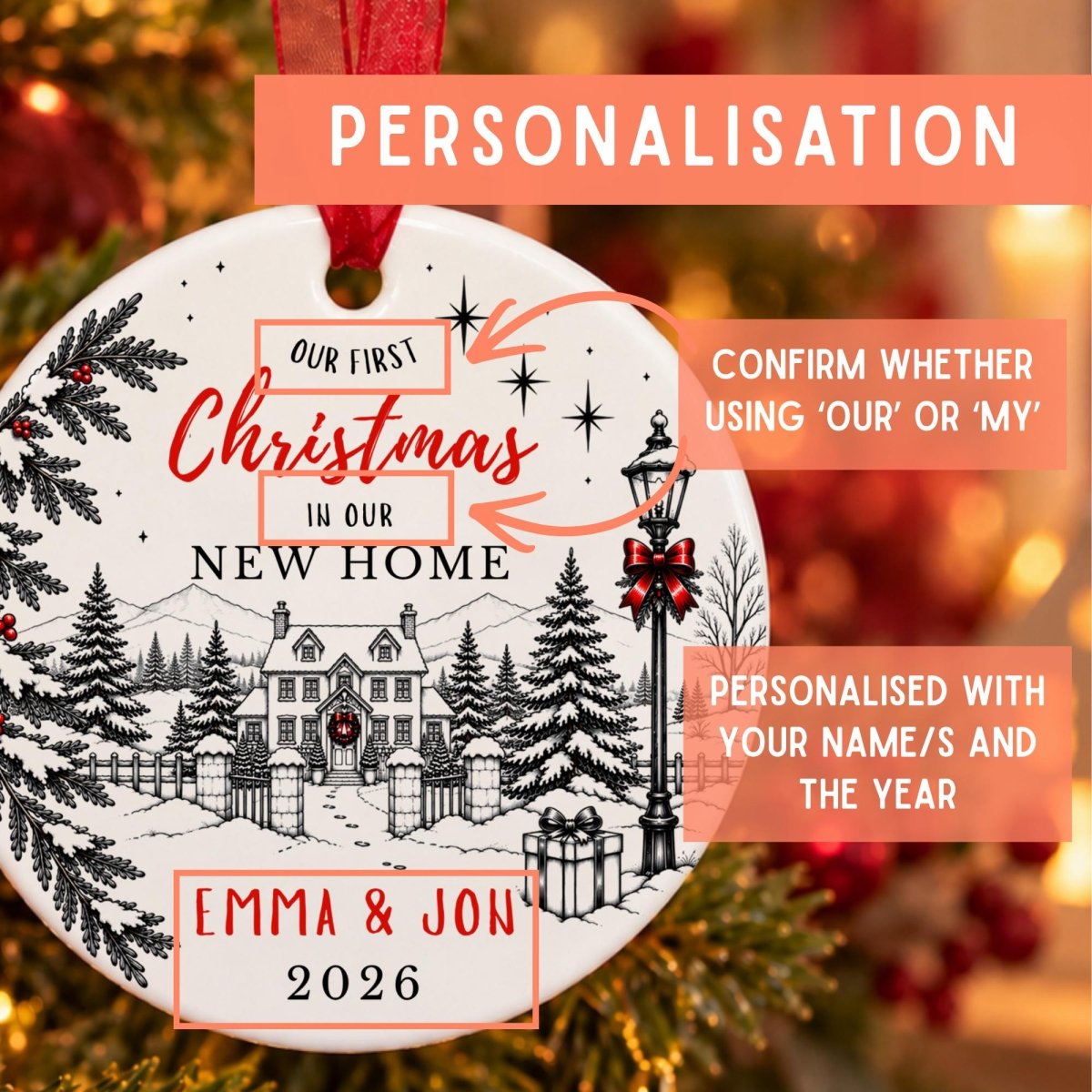 Personalised First Christmas in New Home Bauble, Snowy House - The Word Shack