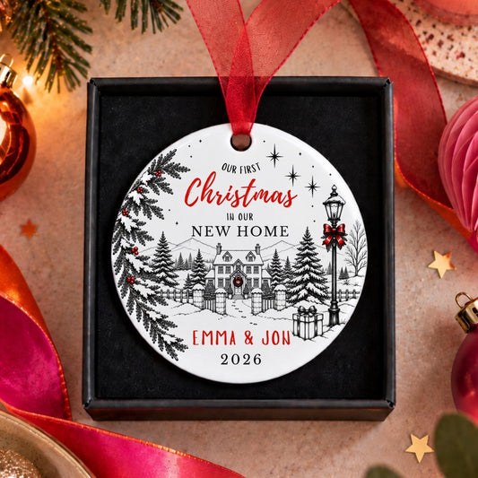 Personalised First Christmas in New Home Bauble, Snowy House - The Word Shack