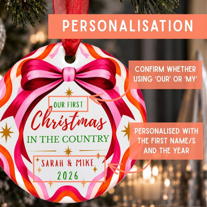 Personalised First Christmas in the Country Bauble, Pink Bow Design - The Word Shack