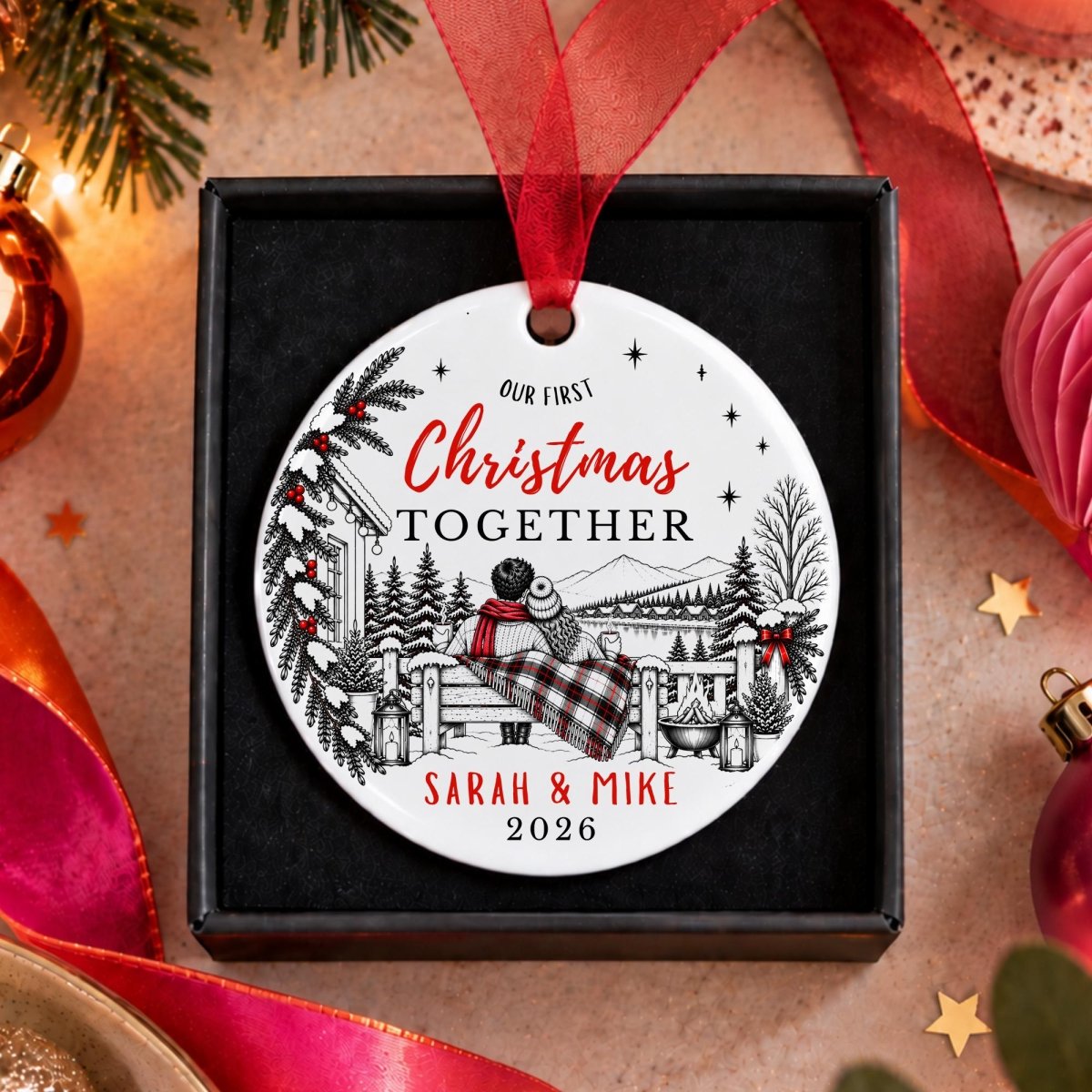Personalised First Christmas Together Bauble, Cosy Couple Design - The Word Shack