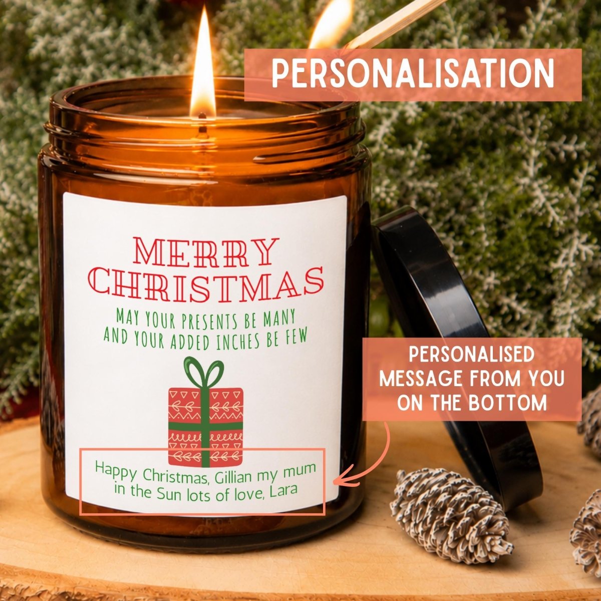 Personalised Funny Christmas Candle, Custom Message Gift, Amber Apothecary Jar - The Word Shack