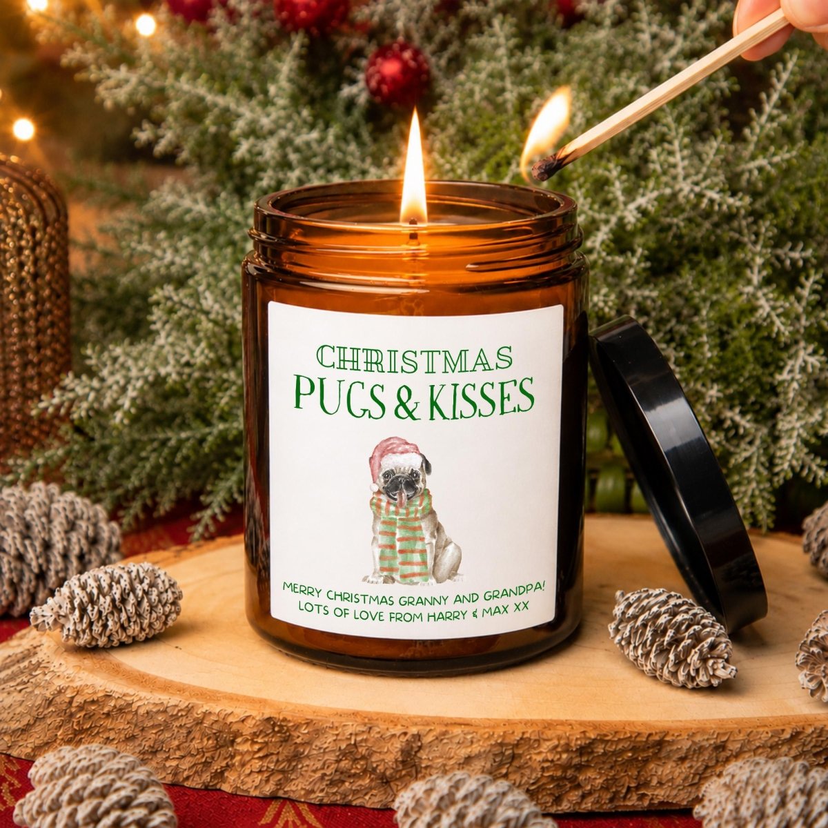 Personalised Pug Christmas Apothecary Candle, Pugs & Kisses Gift - The Word Shack