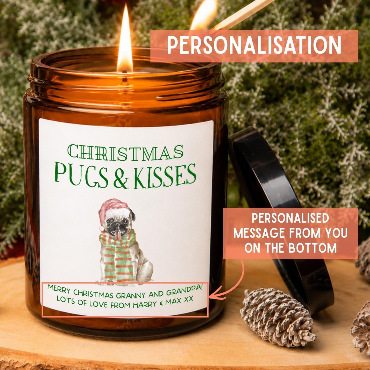 Personalised Pug Christmas Apothecary Candle, Pugs & Kisses Gift - The Word Shack