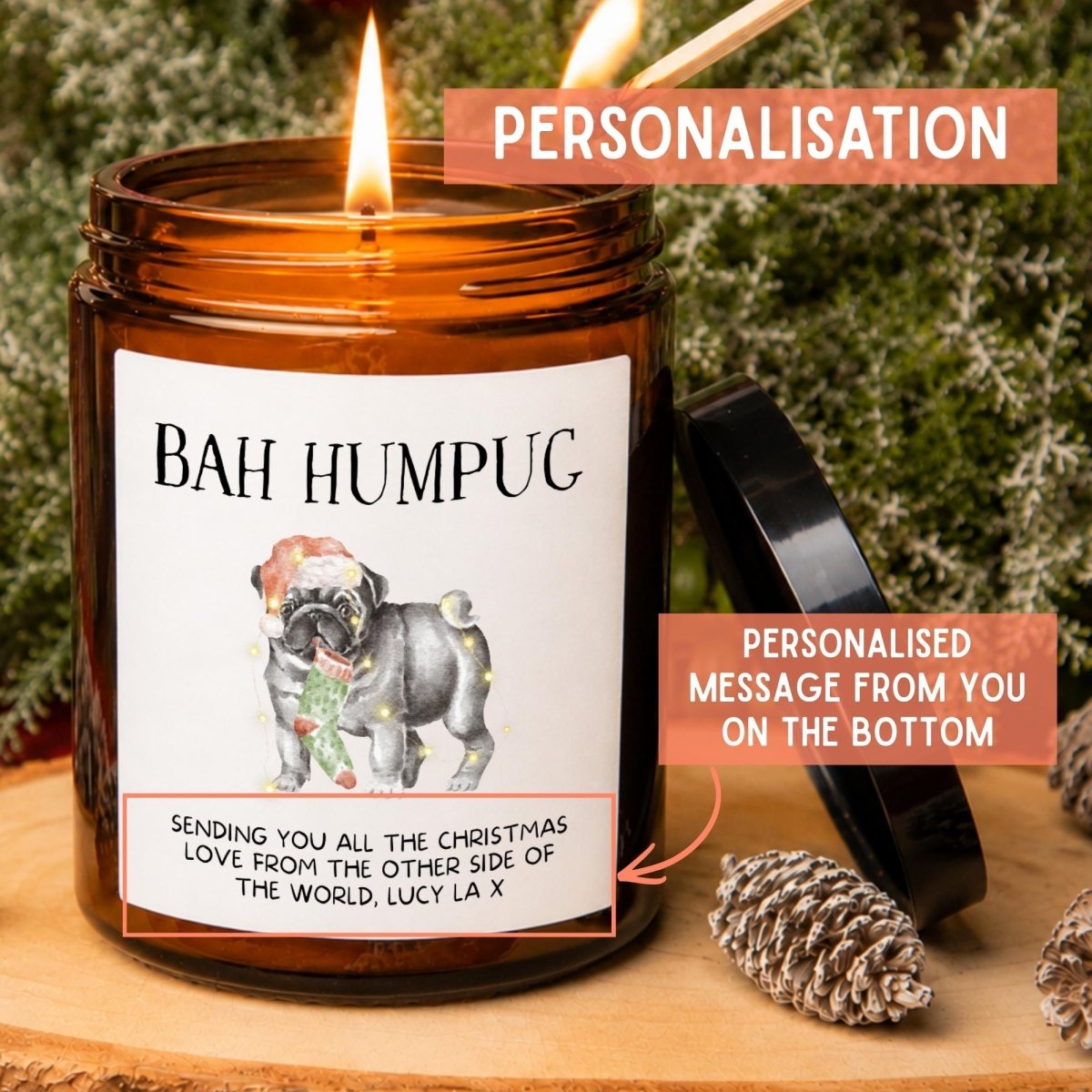 Personalised Pug Christmas Candle, Funny Bah Humpug Dog Lover Gift - The Word Shack