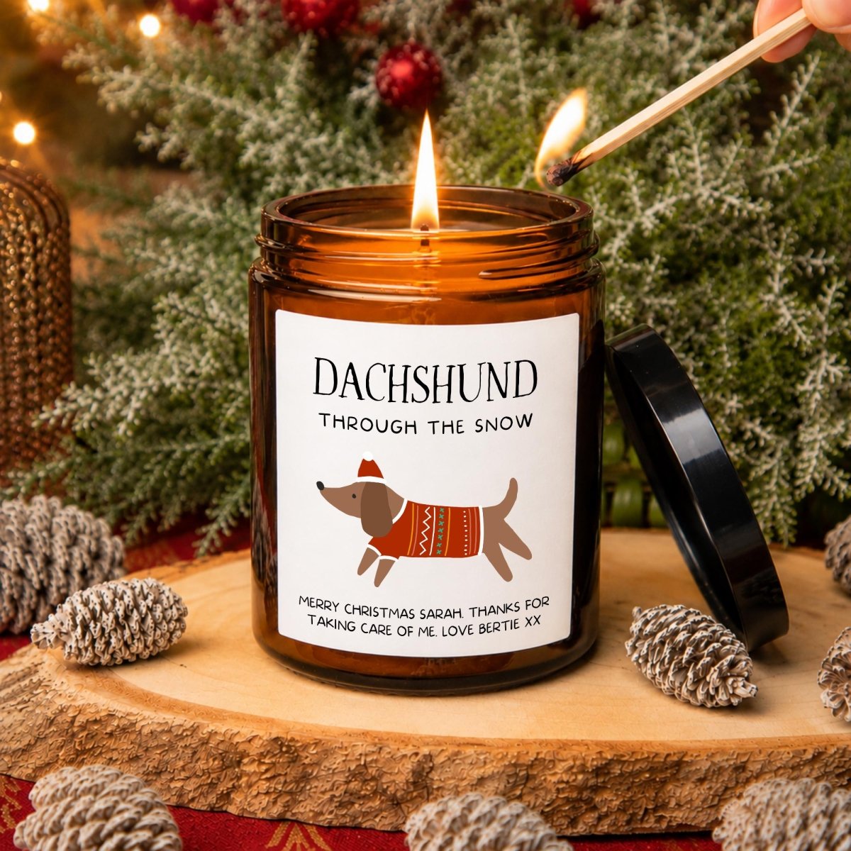 Personalised Sausage Dog Christmas Candle, Dachshund in Christmas Jumper - The Word Shack