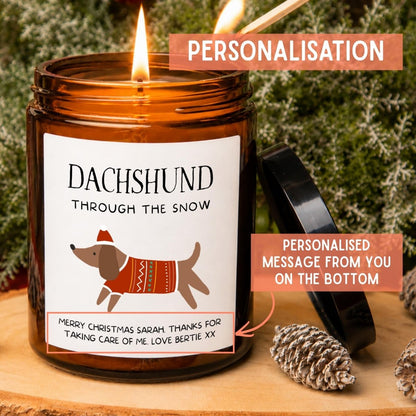 Personalised Sausage Dog Christmas Candle, Dachshund in Christmas Jumper - The Word Shack