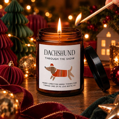 Personalised Sausage Dog Christmas Candle, Dachshund in Christmas Jumper - The Word Shack