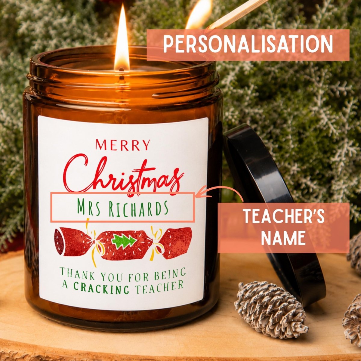 Personalised Teacher Christmas Apothecary Candle, Cracking Teacher Gift - The Word Shack