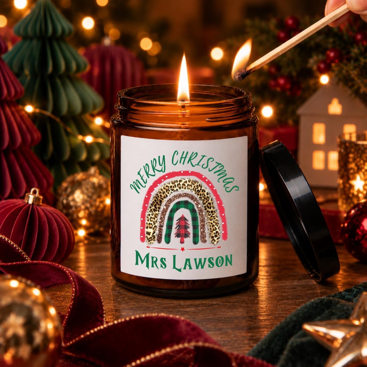 Personalised Teacher Christmas Apothecary Candle, Festive Rainbow Gift - The Word Shack
