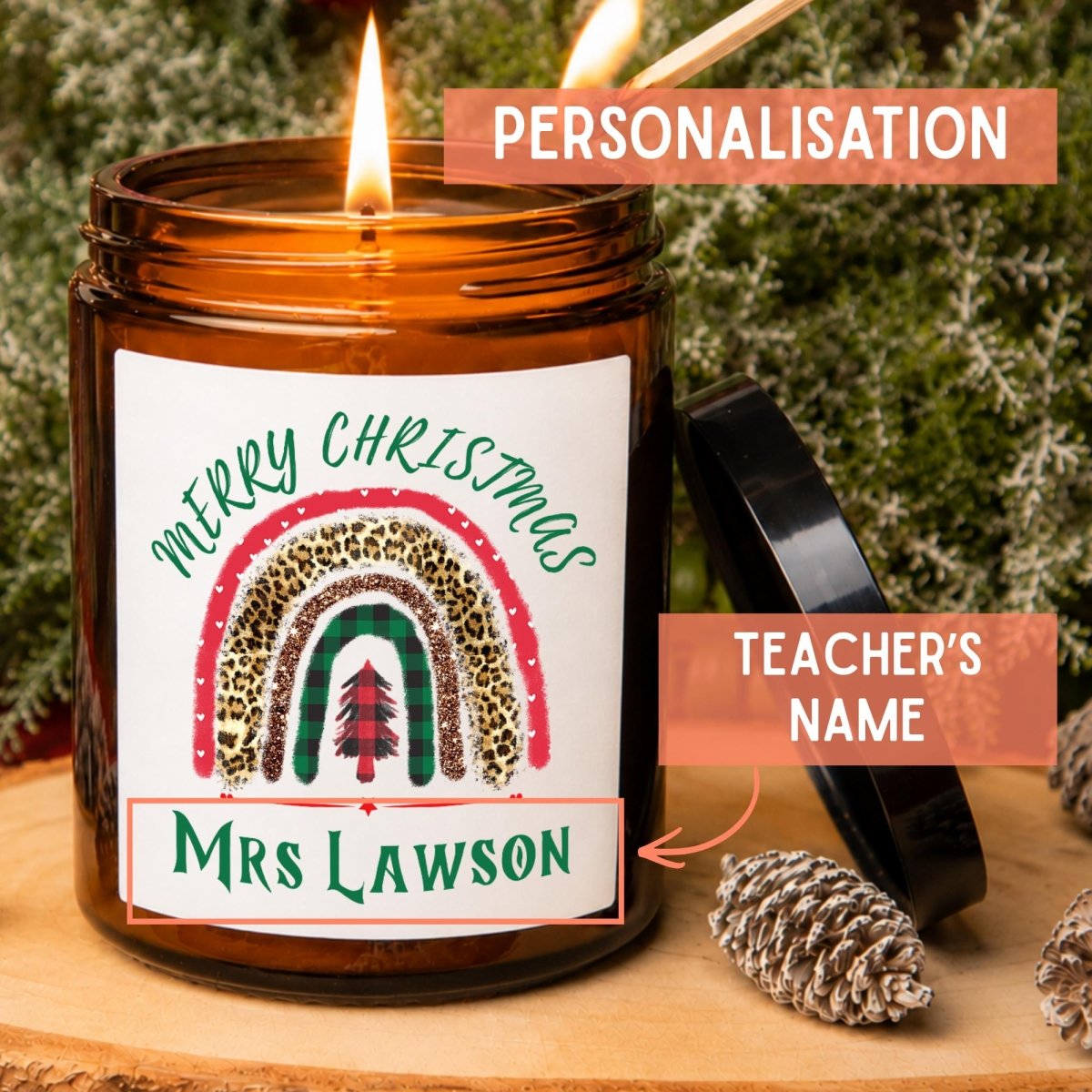 Personalised Teacher Christmas Apothecary Candle, Festive Rainbow Gift - The Word Shack