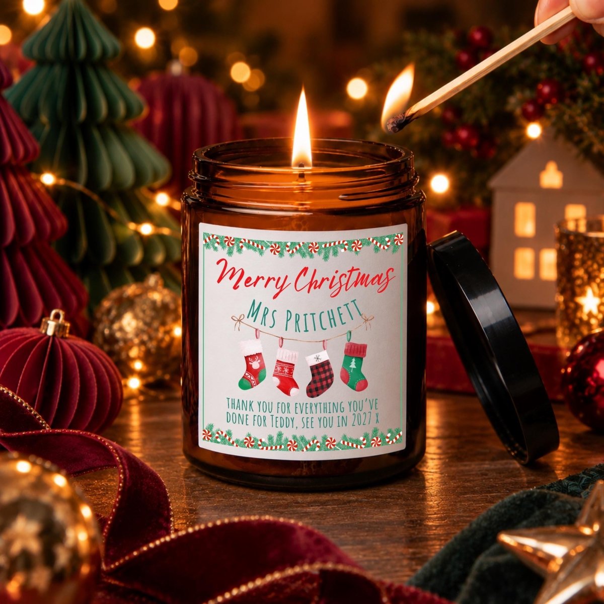 Personalised Teacher Christmas Apothecary Candle, Festive Stockings Gift - The Word Shack