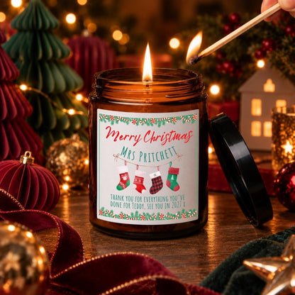 Personalised Teacher Christmas Apothecary Candle, Festive Stockings Gift - The Word Shack