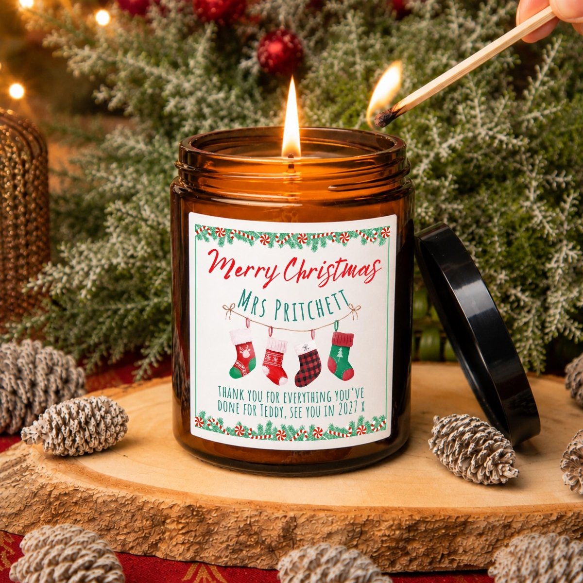 Personalised Teacher Christmas Apothecary Candle, Festive Stockings Gift - The Word Shack