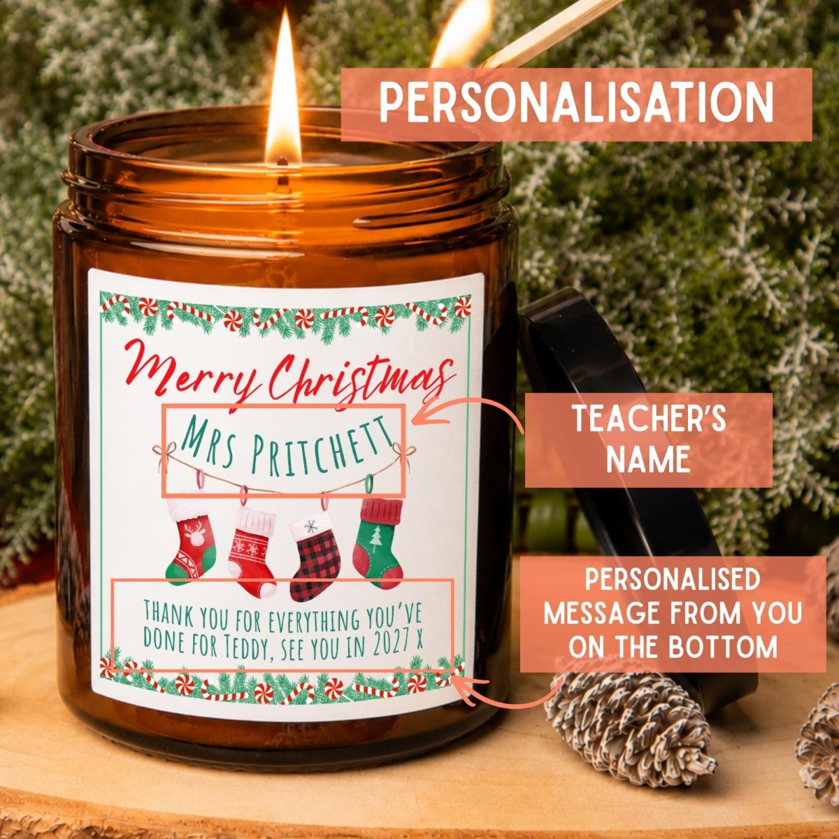 Personalised Teacher Christmas Apothecary Candle, Festive Stockings Gift - The Word Shack