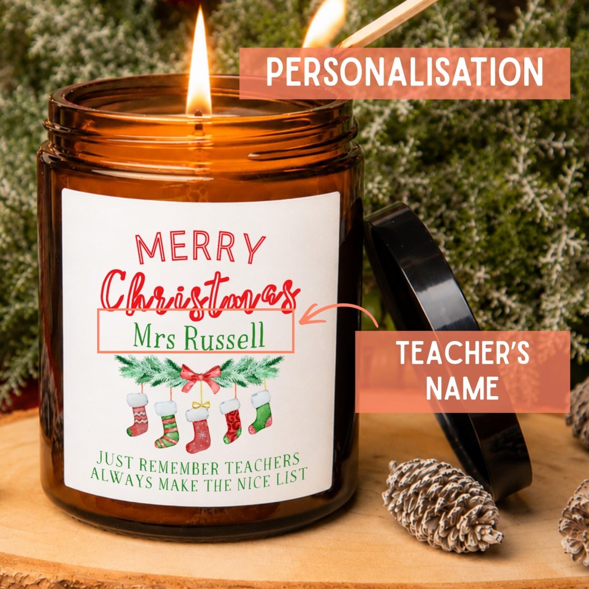 Personalised Teacher Christmas Apothecary Candle, Nice List Gift - The Word Shack