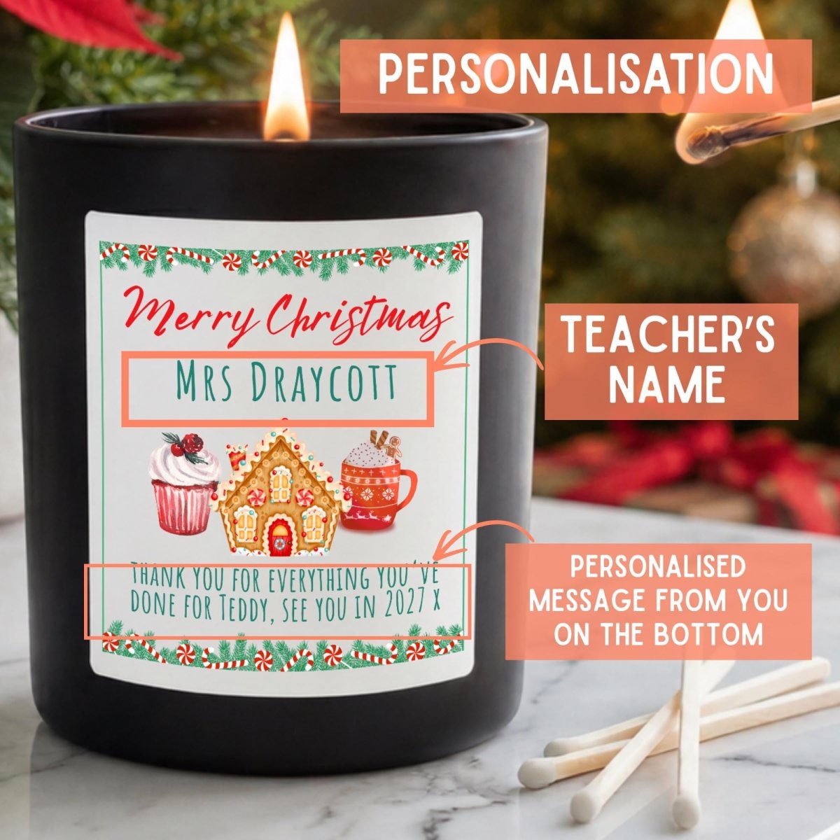Personalised Teacher Christmas Candle, Gingerbread Thank You Gift - The Word Shack