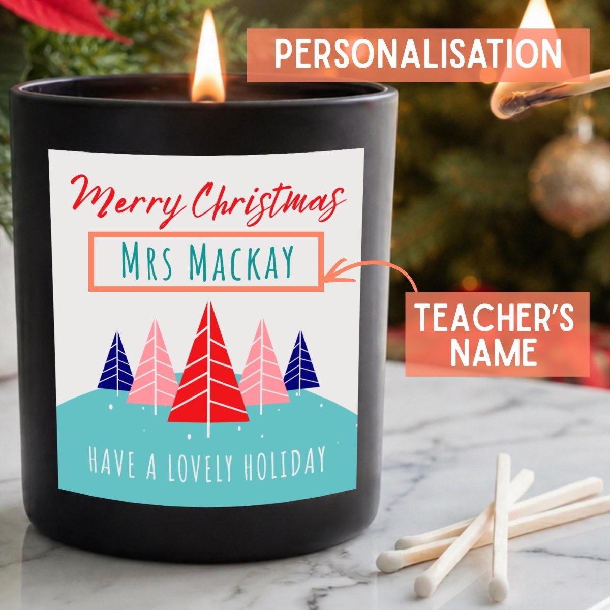 Personalised Thank You Teacher Christmas Candle, Woodland Tree Gift - The Word Shack