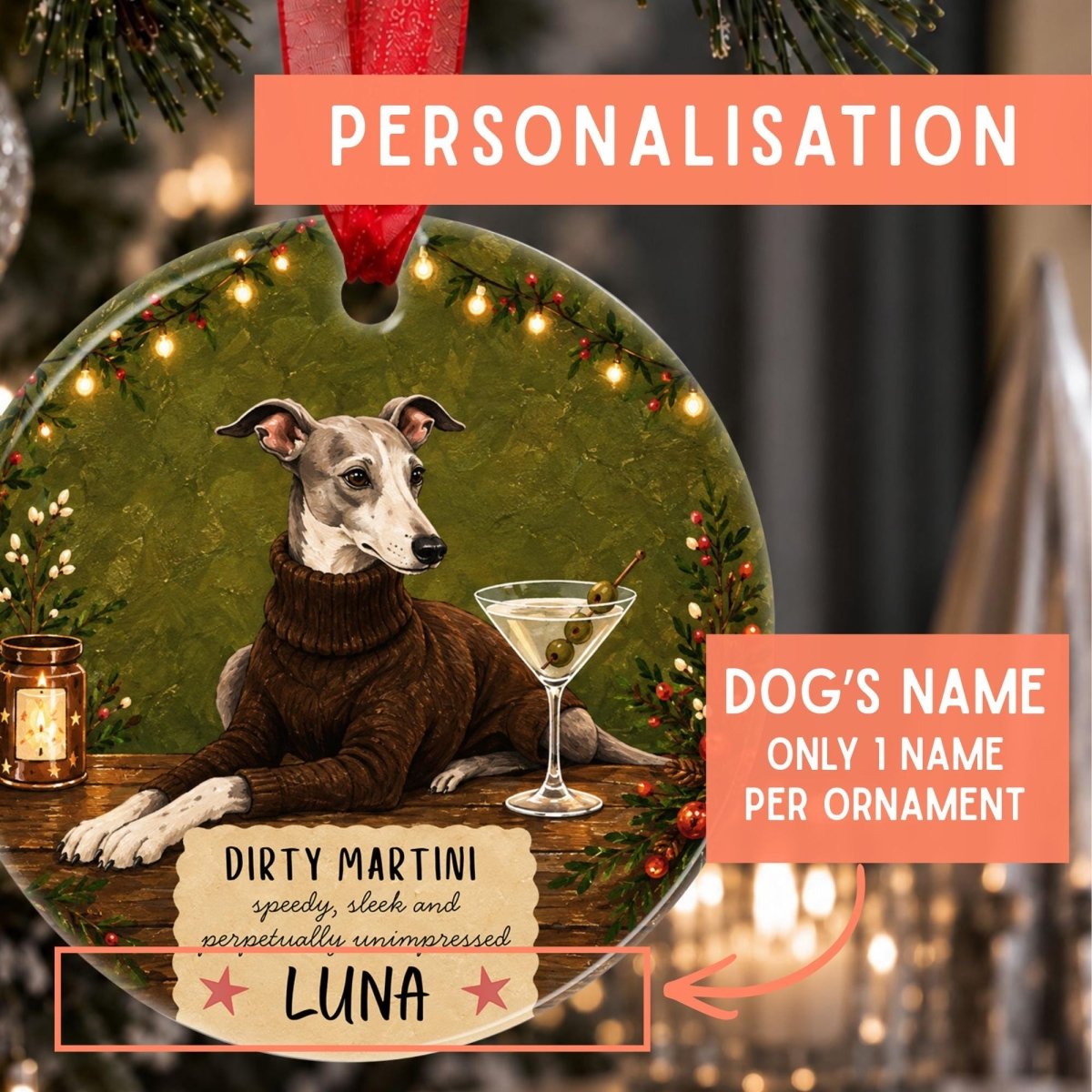 Personalised Whippet Christmas Ornament, Whippet Gift, Personalised Dog Christmas Bauble, Dog Lover Christmas Gift - The Word Shack